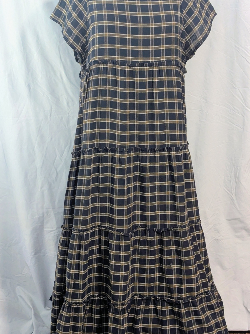 NATURAL LIFE Navy and Cream Plaid Tiered Maxi Dress